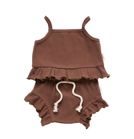 SOLL the label Ribbed frill singlet and Bloomer set- Dark Brown