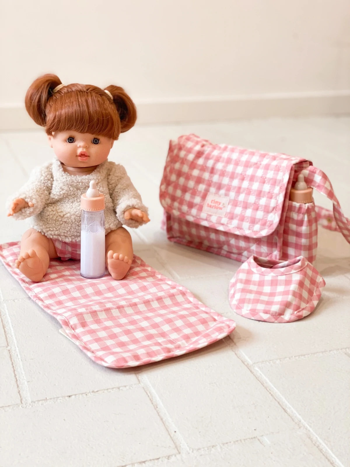 Tiny Harlow Convertible Doll's Nappy Bag Set - Pink Gingham
