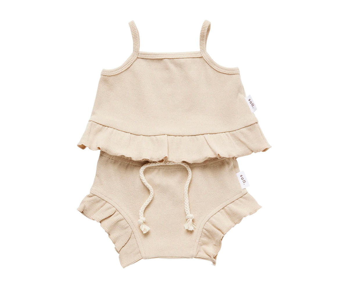 SOLL the label Ribbed frill singlet and Bloomer set- Oat